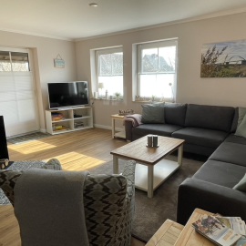 Gemütliches Wohnzimmer mit Sofa, Fernseher und Zugang zur Terrasse